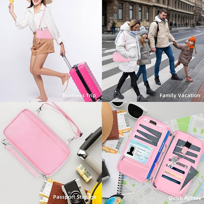 WALNEW Passport Holder for Travel Family, RFID Blocking Passport Wallet | International Travel Essentials, Travel Document Holder with Wristlet and Cross Body Straps, Fits 7 Passports for Family
