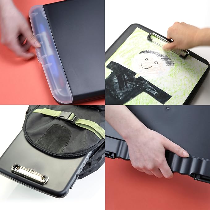 Officemate Slim Clipboard Storage Box, 14.5 x 10-Inches Letter Size Document Organizer, Low-Profile Metal Clip, Separate Pen and Pencil Compartment, Charcoal