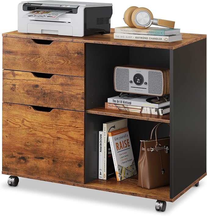 DEVAISE 3-Drawer Wood File Cabinet, Mobile Lateral Filing Cabinet, Printer Stand with Open Storage Shelves for Home Office, Rustic Brown | Mobile Printer Stand, Open Storage Shelves, Letter & A4 Compatible, Wood, Home Office