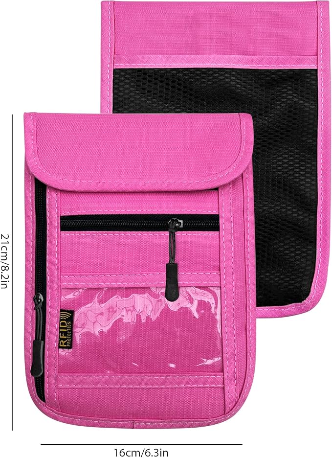 RFID Blocking Travel Neck Wallet Pouch and Passport Holder, Travel Neck Pouch Passport Holder for Women & Men - Rose