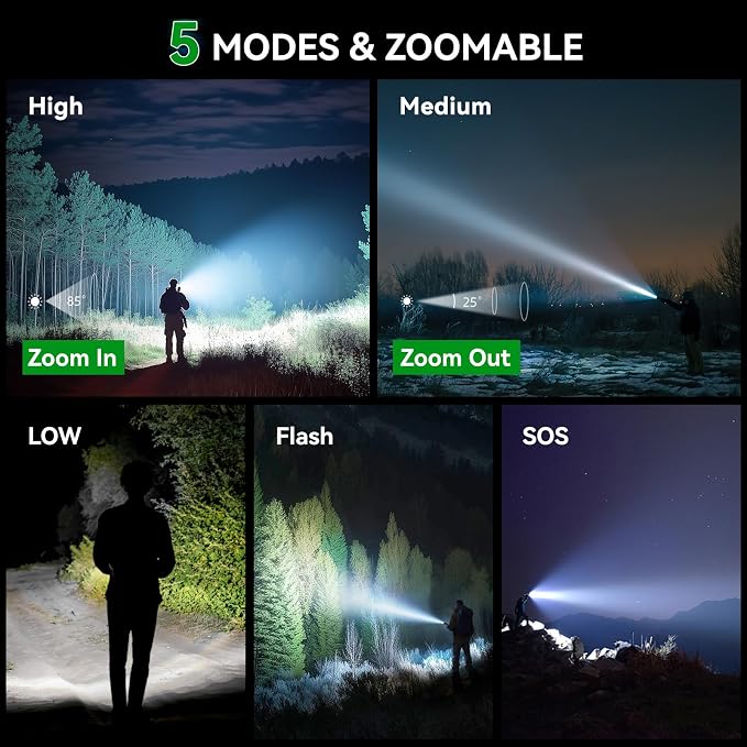 LETMY Tactical Flashlight - 2 Pack Bright Military Grade LED Flashlights High Lumens - Portable Handheld Flash Light, 5 Modes Zoomable Waterproof Flashlights for Home Emergency Camping- Green