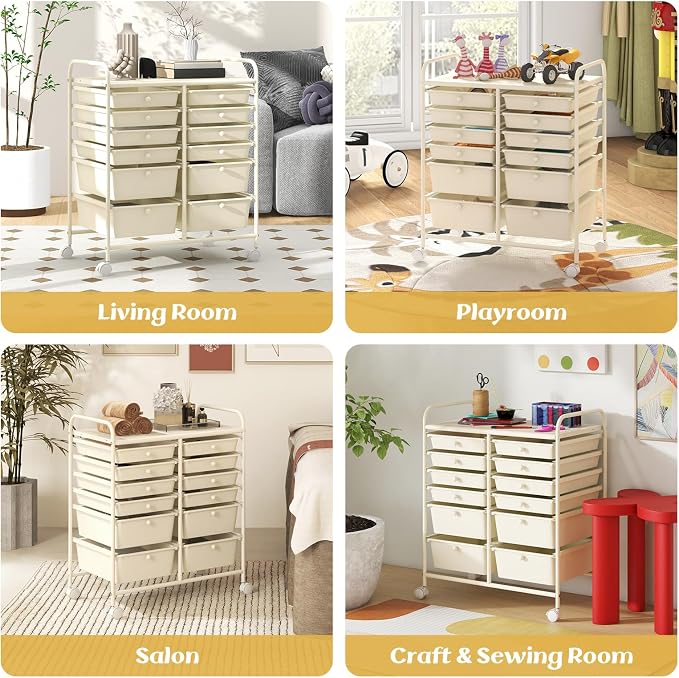 12 Drawer Rolling Storage Cart, Craft Cart Organizer on Wheels w/Metal Frame, Large Capacity & Smooth Drawer, Rolling Cart w/Drawers for Classroom, Office