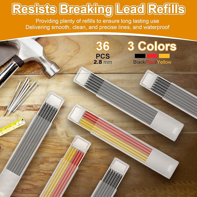 Hiboom 4 Pack Carpenter Pencil with 36 Refills Built In Sharpener (Red) | Concrete Wood Metal, Deep Marking, Multi-Color Refills, 2.8mm Lead, Construction Work, Waterproof, Carpenter Builder DIY
