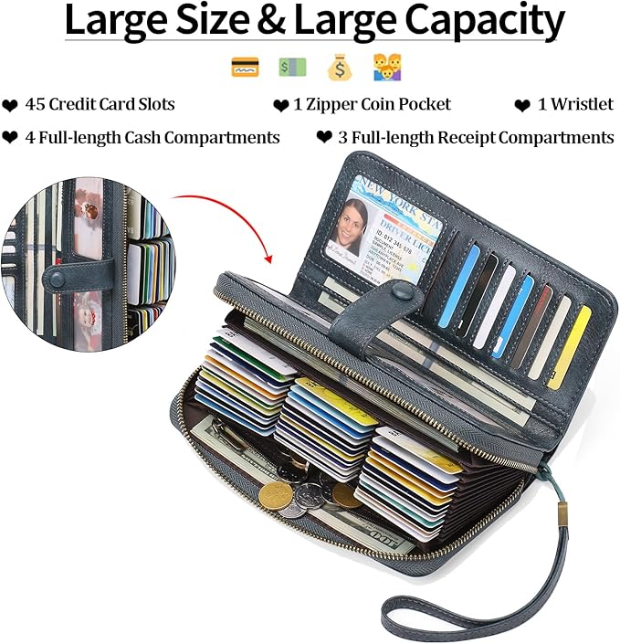 GAEKEAO Leather Credit Card Holder Wallet for Women RFID Blocking Large Capacity Bifold Zipper Card Case Organizer with Wristlet 45 Slots