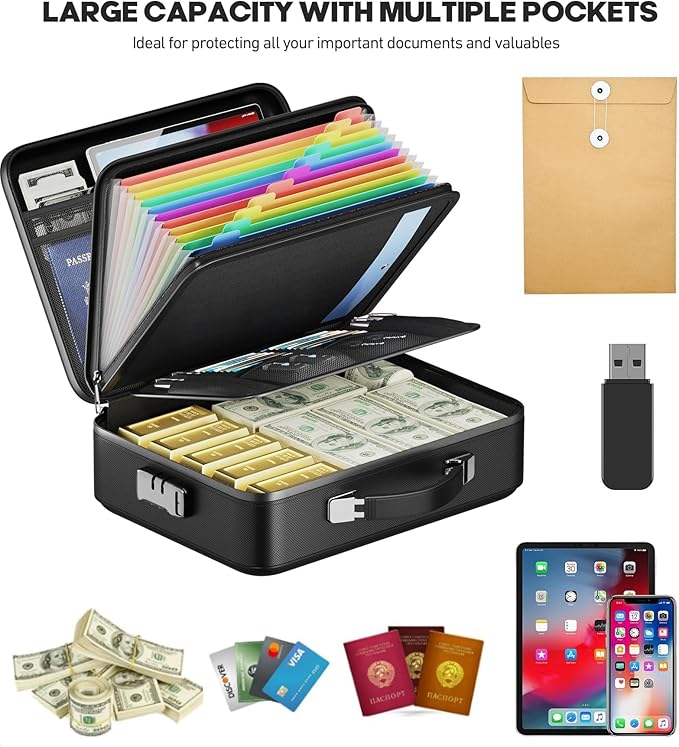 Fireproof Document Box, Hard Case Highly Flame-Resistant Fire Proof Waterproof File Organizer with Lock, Portable Fire Safe for Important Documents & Valuables Storage (Black, ‎15"*11"*5")