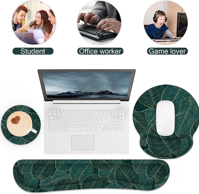 Ergonomic Mouse Pad with Wrist Rest and Keyboard Wrist Rest, Mousepad | Memory Foam Wrist Rest for Computer Keyboard, Pain Relief, Non-Slip Base, Mouse Pad Wrist Support for Gaming, Green Palm Leaf