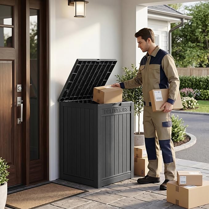 55 Gallon Package Delivery Boxes Outside Secure Waterproof Resin UV Resistant Lockable Mail Parcel Drop Mailbox Storage Deck Box for Outdoor Porch Patio Black