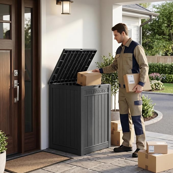 55 Gallon Outdoor Package Delivery Box Waterproof with Lockable, Weatherproof Secure Parcel Drop Box for Porch, Resin Outside Storage Boxes Black