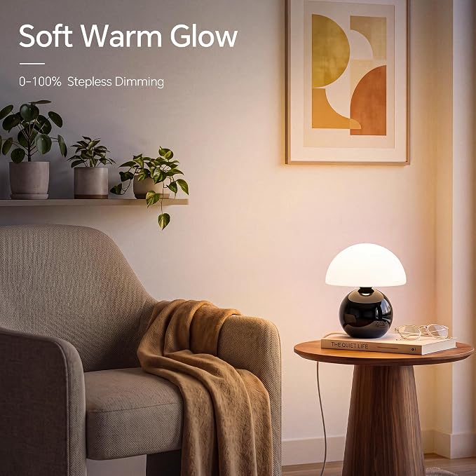 Mushroom Lamp Table Lamp for Bedroom-Small Desk Table Lamps,Black | 8.7" Mid Century Modern Table Lamps for Living Room Bedroom Decor,Cute Ceramic Lamps for Mushroom Home Room Decor,Glass Shade