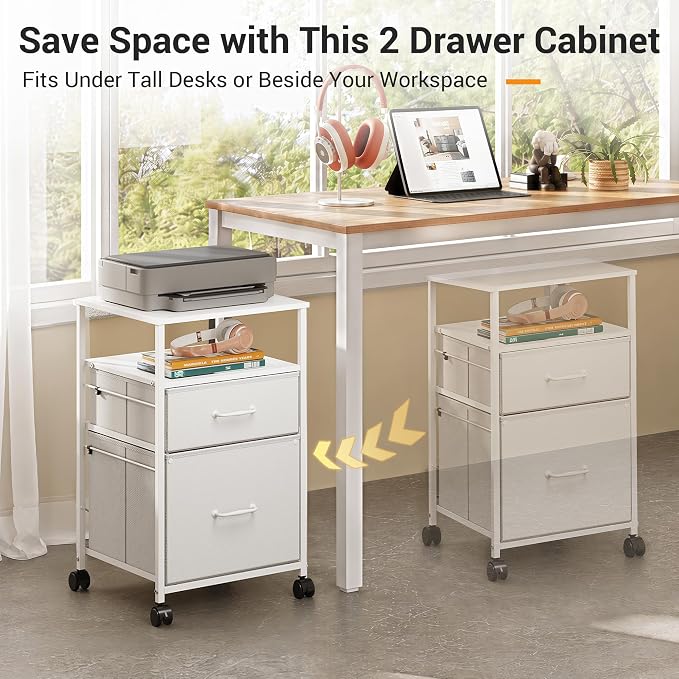 DEVAISE 2 Drawer Fabric Vertical Filing Cabinet, Rolling Printer Stand, White | Rolling Printer Stand, Fabric Vertical Filing Cabinet fits A4 or Letter Size for Home Office, White