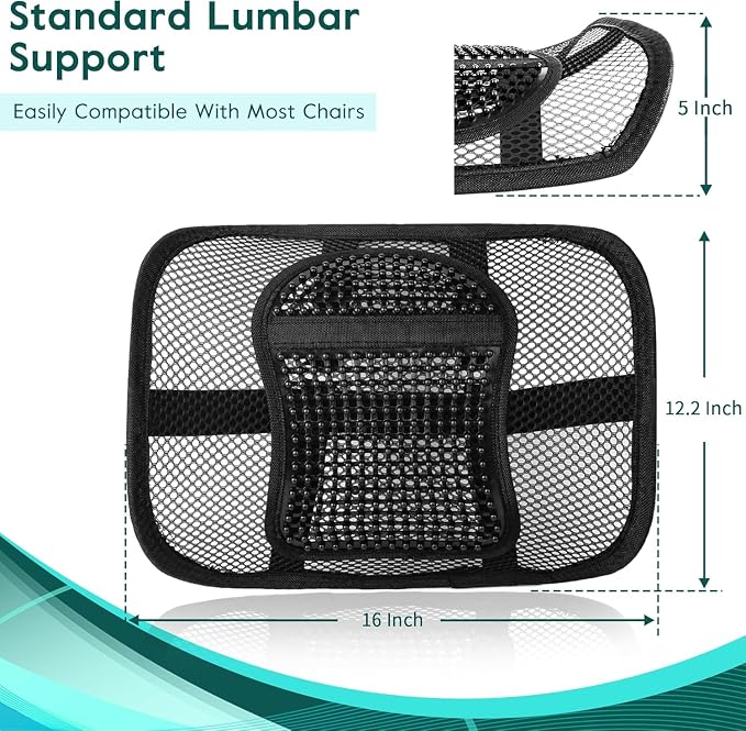 Samyoung Mesh Lumbar Support for Office Chair and Car Seat | 12 x 16 Inch Breathable Double-Layer Mesh Back Support with Elastic Chair Strap & Support Beads for Firm, Comfortable Support