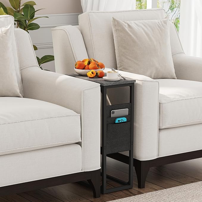 TUTOTAK C Shaped End Table, Side Table for Couch, Sofa Table | with Storage Bag, TV Tray for Living Room, Bedroom, Grey TB01BY082