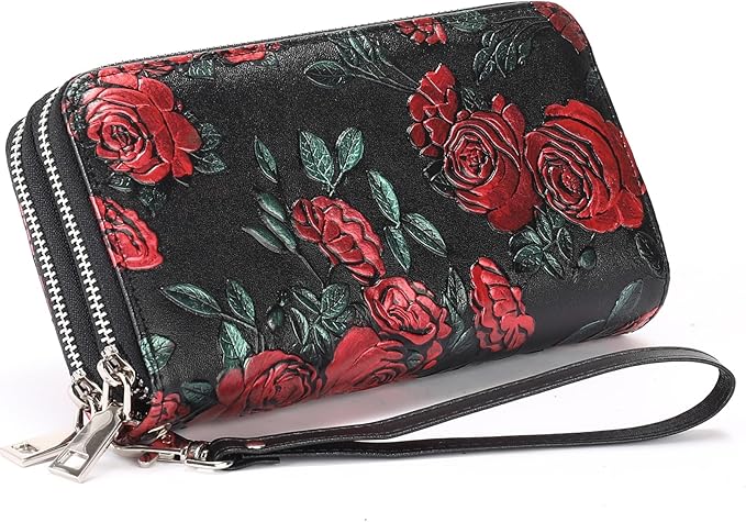 GOIACII Women's Wallet Large Capacity Double Zip Ladies Card Phone Holder RFID Blocking Wristlet Leather