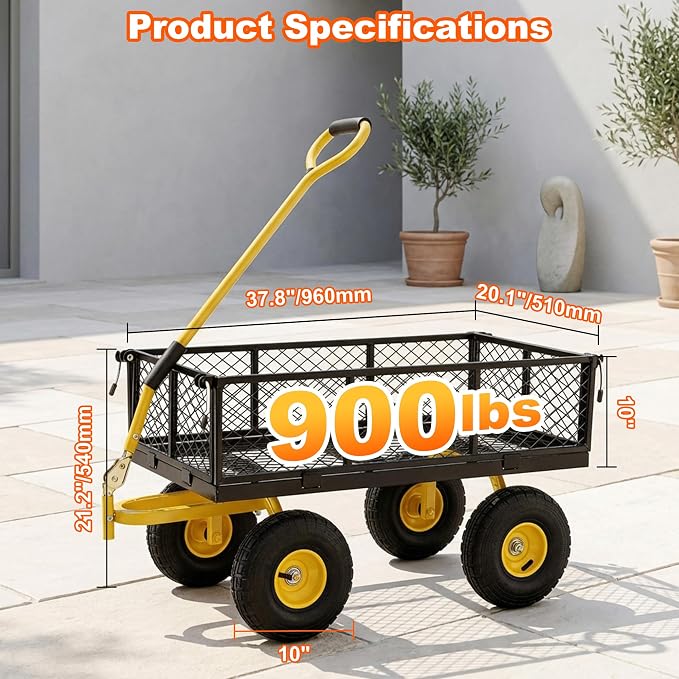 900lbs Heavy Duty Garden Cart, Steel Garden Wagon Cart with Fixedable Rotating Handle for Backyard, Utility Yard Wagon with 10" All Terrain Tires, Mesh Removable Sides