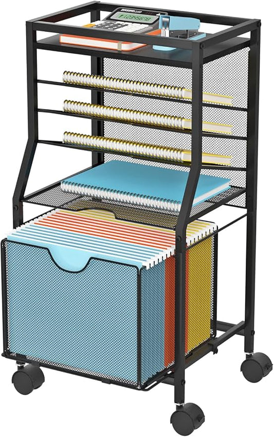 BOHDK Rolling File Cart, 6-Tier Desk File Organizer on Lockable Wheels, Black Wood Planks & Mesh Sliding Hanging Folder Drawer, Organization Cart for Office Home School