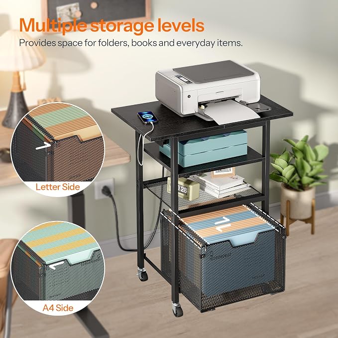 HOOBRO Printer Stand with Hanging File Drawer, Rolling Printer Cart on Wheels, Mobile Filing Cabinet Storage Shelf, Home Office Desk Side Organizer, Black BB17UPS01