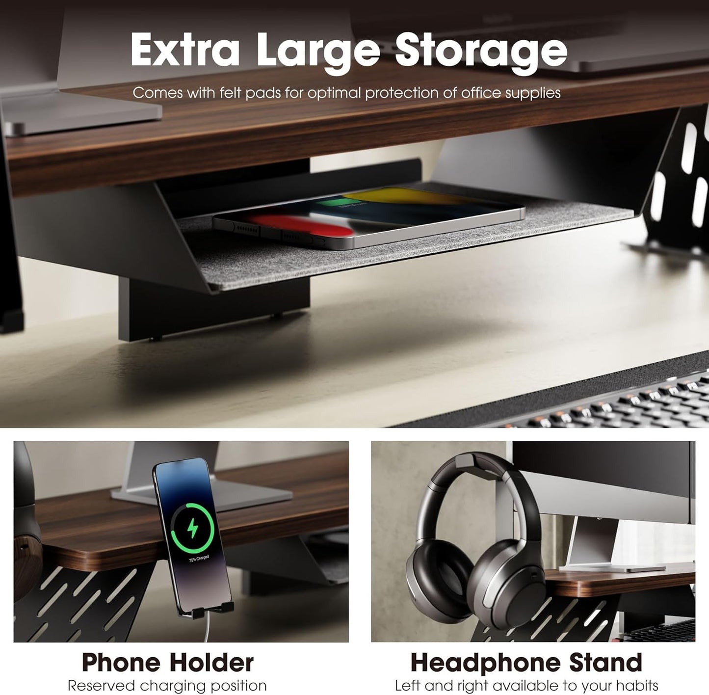 Fenge Dual Monitor Stand, 42.5 Inch Monitor Riser for Desk, Wood Desk Shelf for 2 Monitors, 2 Tier Monitor Shelf with Headphone Stand & Phone Holder