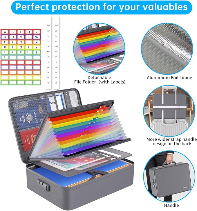ENGPOW Fireproof File Organizer Bag with 13 Pockets Accordion File Folder | 5200℉ Document Organizer Box with Lock & Labels, Multi-Layer, Portable Home Safe Storage for Important Documents, Gray