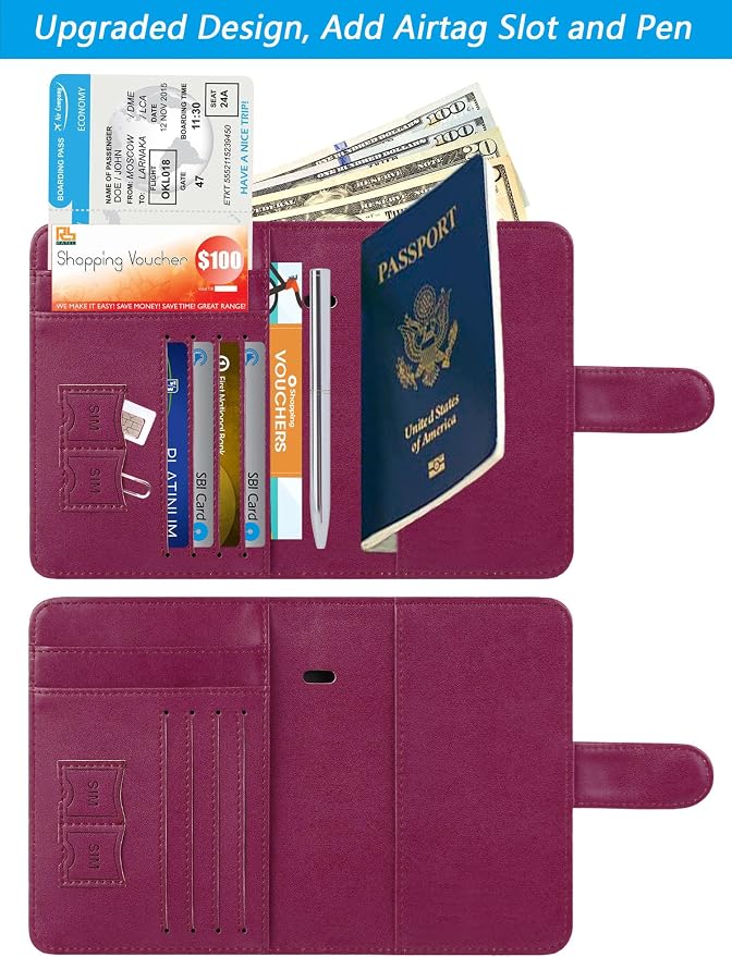 Airtag Passport Holder Cover Wallet RFID Blocking Leather Case Travel Essentials Luggage Accessories Travel Must Have(118#Purple)