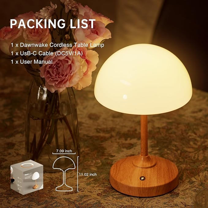Mushroom Lamp Cordless Lamp Table Lamp,Outdoor Waterproof Shower Lamps,5000mAh Rechargeble Battery Operated Dimmable Touch Desk Lamps,LED Night Light for Bathroom Patio Camping Restaurant