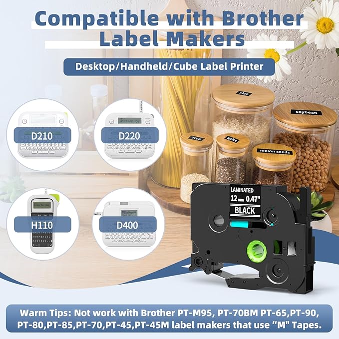 Label Maker Tape Refill Compatible with Brother TZe-335 TZe335 Label Tape TZe TZ Tape 12mm 0.47 Laminated White on Black for PT-D210 D220 H110 D410 P710BT H111 1070 1880, 5-Pack