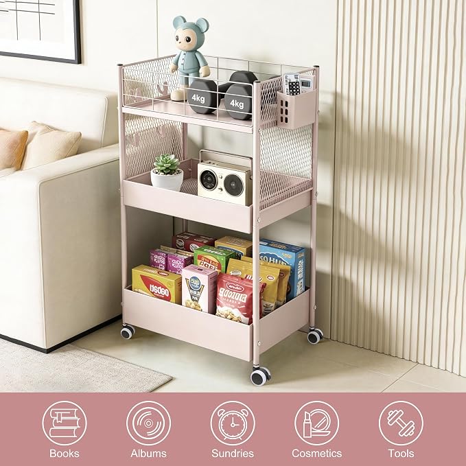 3 Tier Rolling Storage Cart Metal Utility Cart with Wheels | Office Organizer with Hooks & Hanging Cups, Mobile Shelving Unit for Kitchen Nursery Craft Snack Book