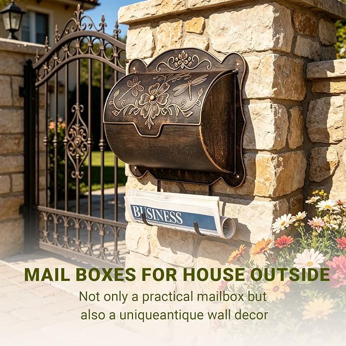 Wall Mount Mailbox with Newspaper Holder, Upgraded Embossed Vintage Mailbox Wall Mount, Dragonfly & Floral Decorative Front Porch Antique Mailboxes, Mail Boxes for House Outside Garden