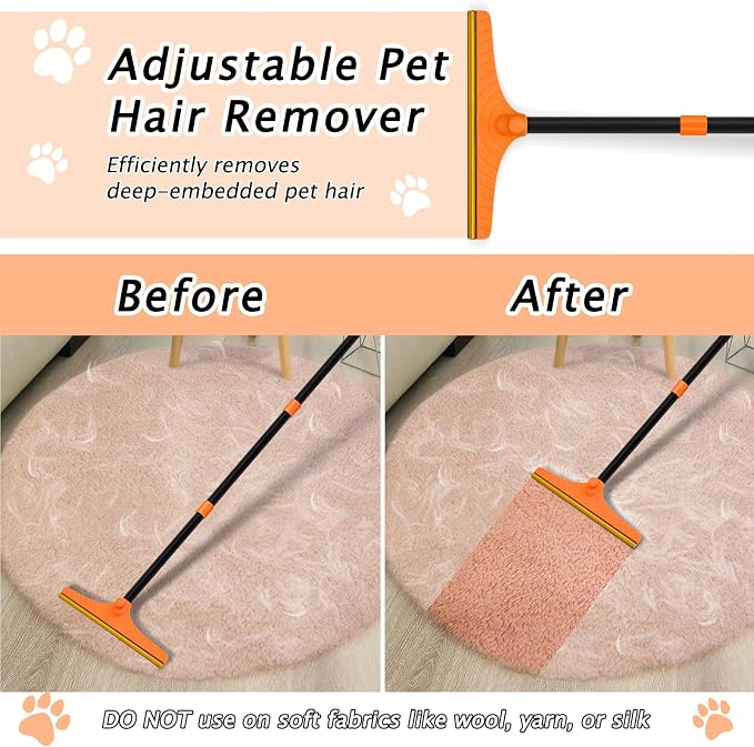 Carpet Rake for Pet Hair Removal Tool, Dog Cat Hair Remover for Furniture | 60'' Pet Hair Remover Broom for Pet Owner Reusable Hair Remover with Adjustable Handle, Carpet Brush for Rugs, Mats, Couch