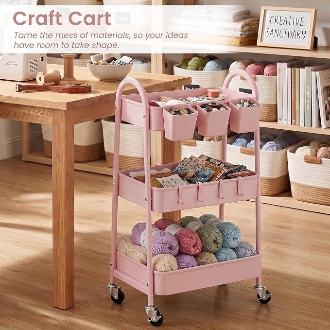 3-Tier Rolling Cart, Utility Cart Mobile Metal Rolling Storage Cart with Lockable Wheels & Hanging Cups & Hooks for Kitchen, Bathroom, Office, Workshop, Pink