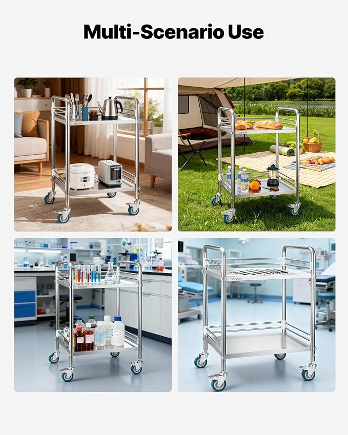 VEVOR Stainless Steel Rolling Cart, 2-Tier Metal Utility Cart with Lockable Wheels, Medical Serving Trolley Clinic Tray, Mobile Service Cart for Hospital, Lab, Restaurant, Kitchen, Salon