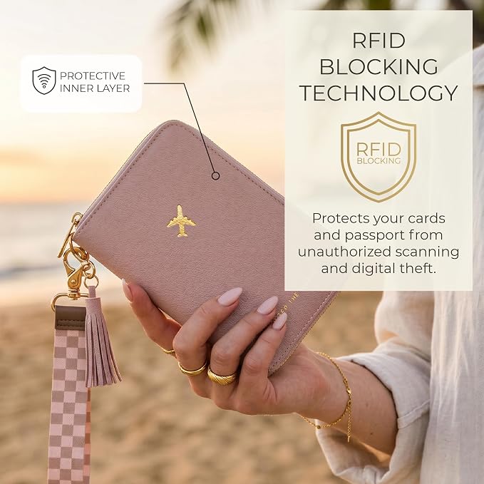 Beautiful Passport Holder And Travel Wallet with Wristlet Strap | All-in-One Organizer for Women Holds up to 4 Passports, w Card Slots and Keychain - RFID Blocking Keeps Documents Safe