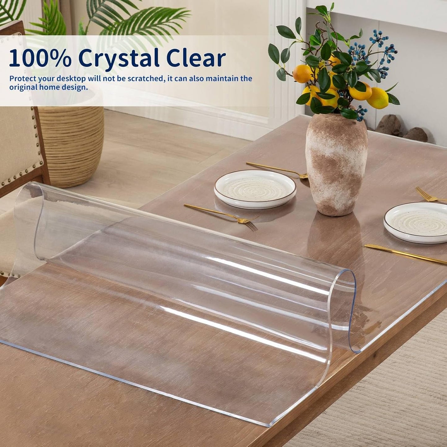 35 x 63 Inch Clear Table Cover Protector, 2mm Thick Clear Table Protector for Dining Room Table, Plastic Table Cover, Waterproof Table Pad for Kitchen, Office