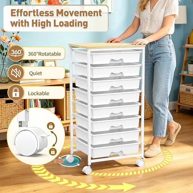 SUNALLY Rolling Cart With 8 Drawers,Storage Drawer Cart for Craft Art,White | Storage Utility Cart with Wooden Tabletop & 2 Lockable Wheels, Teacher Storage Cart for Classroom School Storage, Makeup,Nail