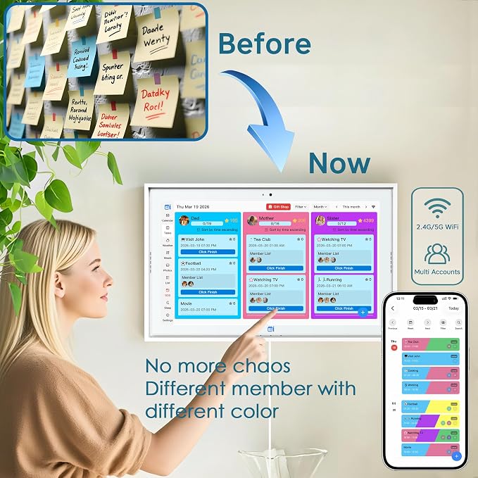 15.6" Digital Wall Calendar No Monthly Fee Family Hub Touchscreen | Multi-calendar Merger Smart Ambient Brightness Large Recipe Library