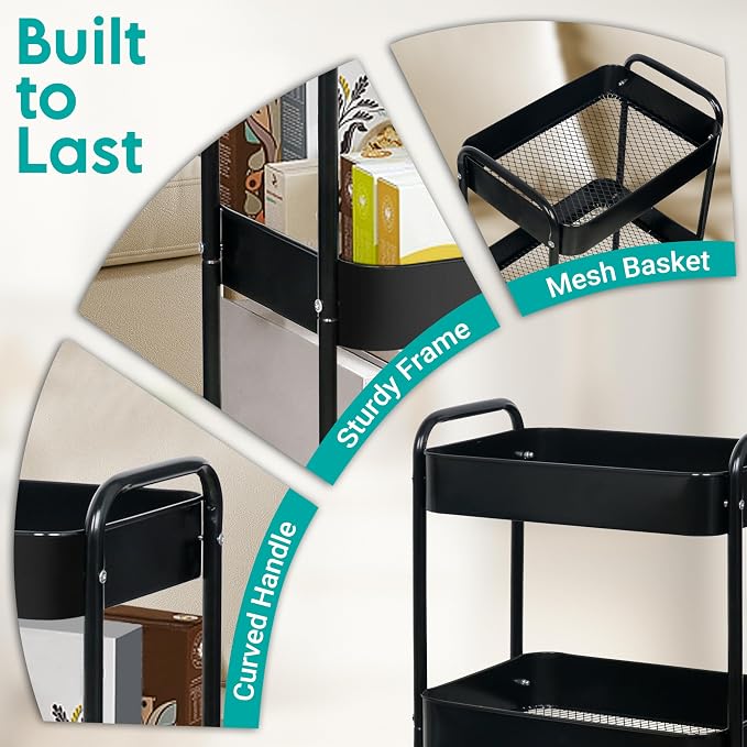ZOES HOMEWARE 3 Tier Metal Rolling Cart on Wheels,Heavy Duty Utility Cart | Sturdy 3 Tiered Rolling Storage Cart With Hooks, Great For Craft, Art Workspace, Kitchen ,Snack And Office Storage, Black