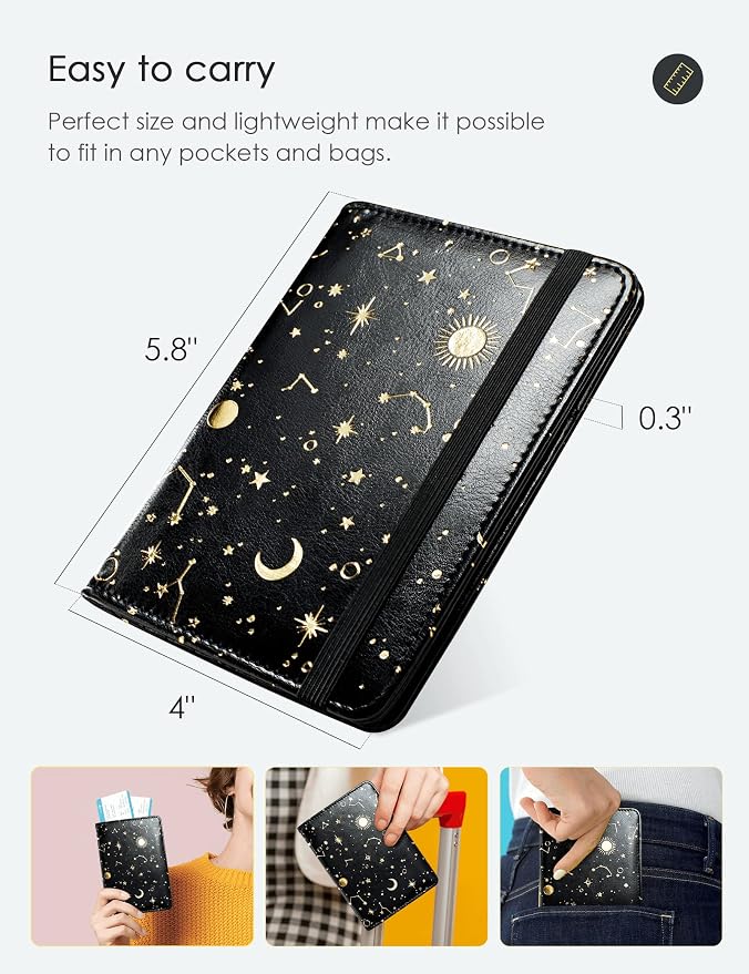 Mymazn Passport Holder with Clear Pocket Passport Case Passport Cover Women Passport Case with RFID Blocking and Vaccine Card Holder Travel Wallet (Black/Gold, Minimalist)