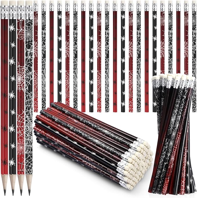 Teling 48 Pcs Spider Pencils Theme Party Favors Fun Spider Web Pencils in Bulk with Eraser Wooden Number 2 Graphite Stationery Kits for Students Back to School Classroom Birthday Supplies