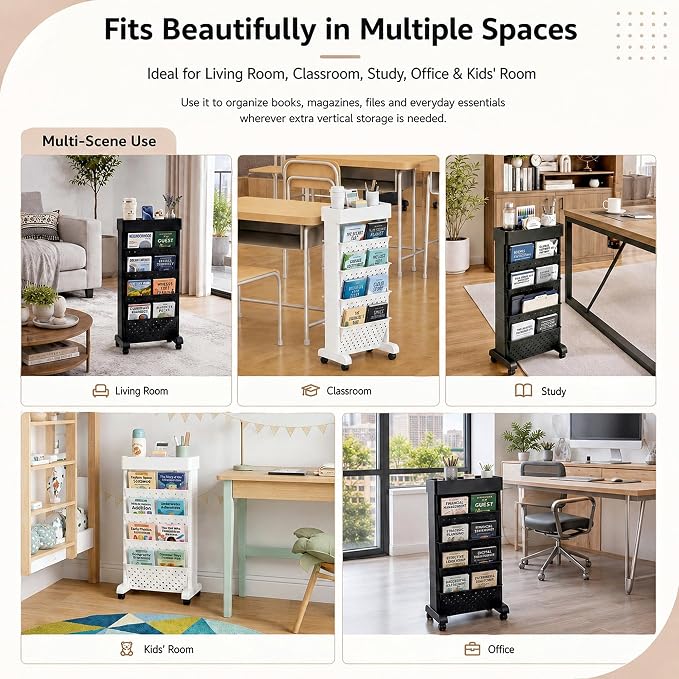 BYFU 5-Tier Movable Bookshelf Cart, 26.0" H, White | Rolling Wheels, File Paper Storage Organizer, Mobile Bookcase, For Home Office Study Classroom
