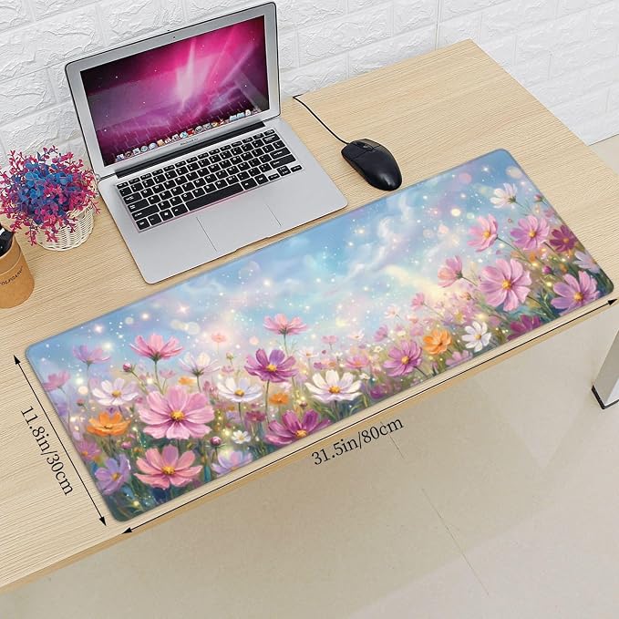 Flowers Gaming Mouse Pad Large Extended Desk Mat Non-Slip Rubber Base Keyboard Pad with Stitched Edges for Office Gaming 31.5x11.8 in