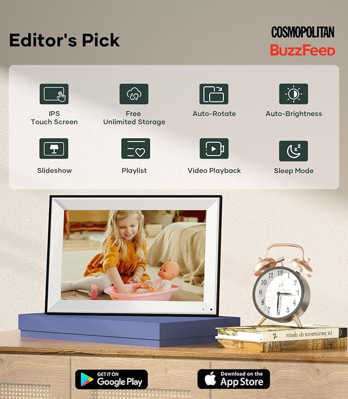 Cozyla 10.1'' WiFi Digital Picture Frame for Storing Memories | No Subscription & Free Unlimited Storage, Share Photo＆Video via Apps, Auto-Rotate WiFi Electronic Photo Frame for Gifting