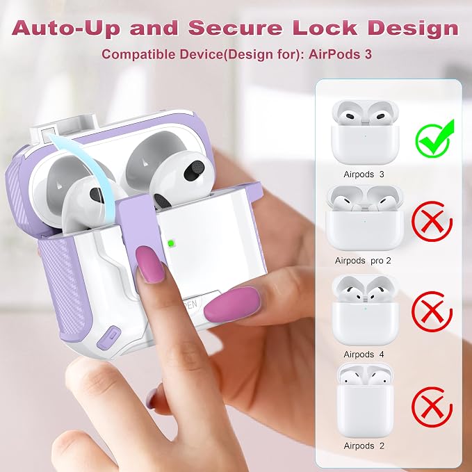 for AirPods 3 Case with Lock Phone Stand Magnetic Lid, Pur+White | Compatible with Apple AirPods 3rd Generation (2019) Case with Cleaner Kit & Carabiner, Powerful Drop Protection