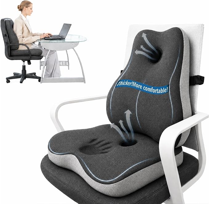Seat Cushion and Lumbar Support for Office Chair, Memory Foam Chair Cushion for Back and Butt, Ergonomic Set for Tailbone, Sciatica & Back Pain Relief