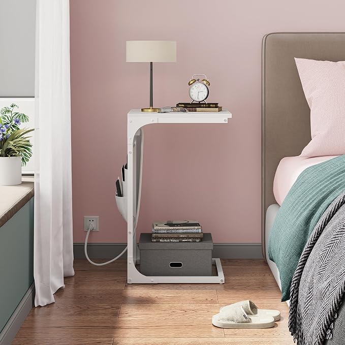 TUTOTAK C Shaped End Table with Charging Station, Side Table for Sofa | Couch Table with Storage Bag, TV Tray with 2 USB Ports and Outlets, Living Room and Bedroom, White TB01BW024