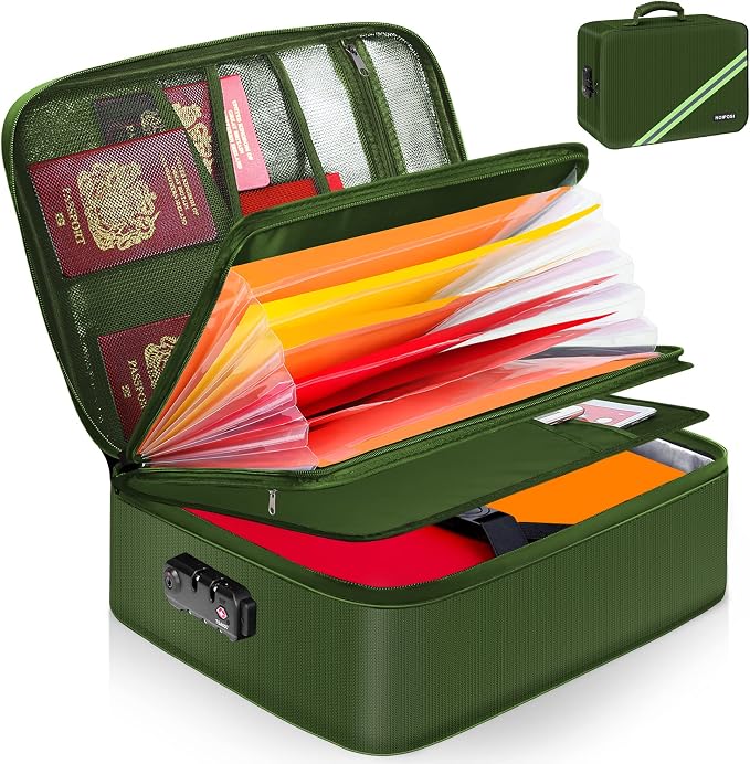Fireproof Document Box with Lock 5200℉ Water Resistant | Portable ,Home ,Travel Strong Document Storage Organizer with 7 pockets for Important Documents and File ,Green