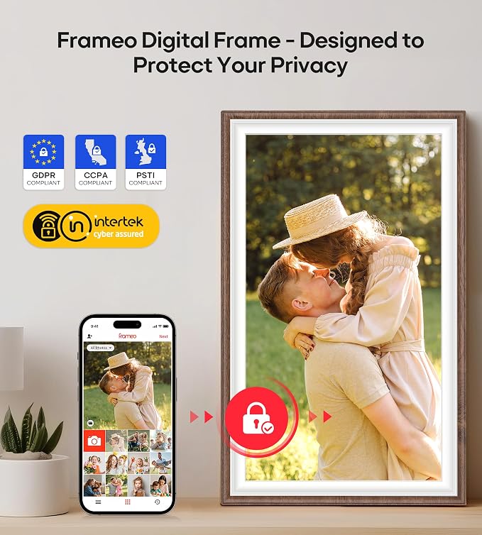 64GB Frameo 15.6" Digital Picture Frame Large 1920 x 1080 IPS FHD Touch Screen WiFi Electronic Photo Frames Share Moments Instantly Anywhere Best Gifts for Parents and Grandparents Brown Wood White