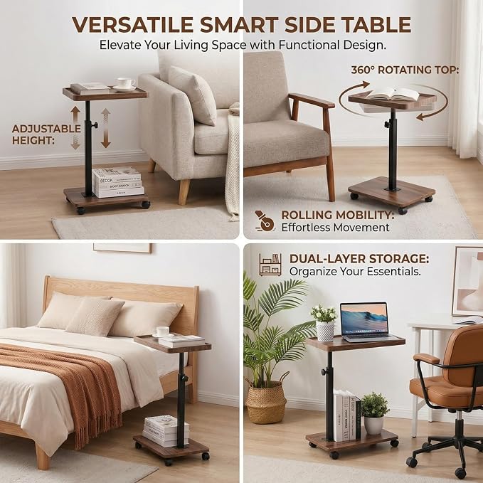C Table End Table Adjustable Height,C Shaped End for Couch，Snack Tables,360°Swivel TV Tray Sofa Table,Tables that Slide Under,Coffee SideTable for Bed,Chair,Bath-tub,Outdoor(Walnut Color)