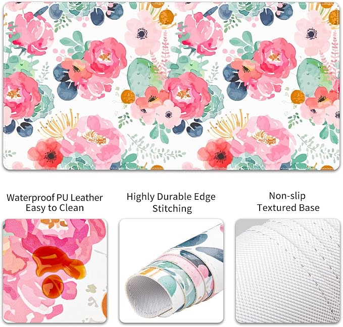 QIYI PU Leather Desk Mat Set, 4-in-1 Ergonomic Wrist Rest, Pink Flowers | Waterproof Large Mouse Pad 31.5×15.7 + Keyboard Wrist Rest + Mouse Wrist Support+Coaster, Non-Slip Office Gaming Accessories
