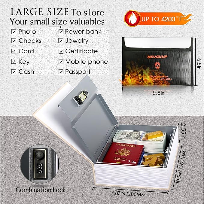 Diversion Book Safe with 4200°F Fireproof Money Bag and Combination Lock, 10.5" x 7.9" x 2.5" Fake Book Hidden Storage Safe, Hollow Secret Portable Metal Storage Box for Cash, Valuables- Leaning Tower