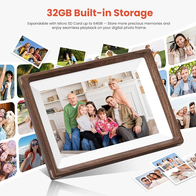 Frameo 10.1" Smart Digital Picture Frame with Walnut Moulding, 16:9 1280p HD IPS Touchscreen Display, 32GB Storage, MicroSD Slot, Plug-in Power, Easy Wireless Photo & Video Sharing, Idea