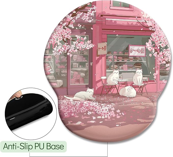 LIMKRIAN Cat Ergonomic Mouse Pad with Wrist Rest, Pink Cherry Blossom Computer Mouse Pad Wrist Support with Non-Slip Pain Relief PU Base, Cute Office Desk Decor Accessories Japanese Dessert House